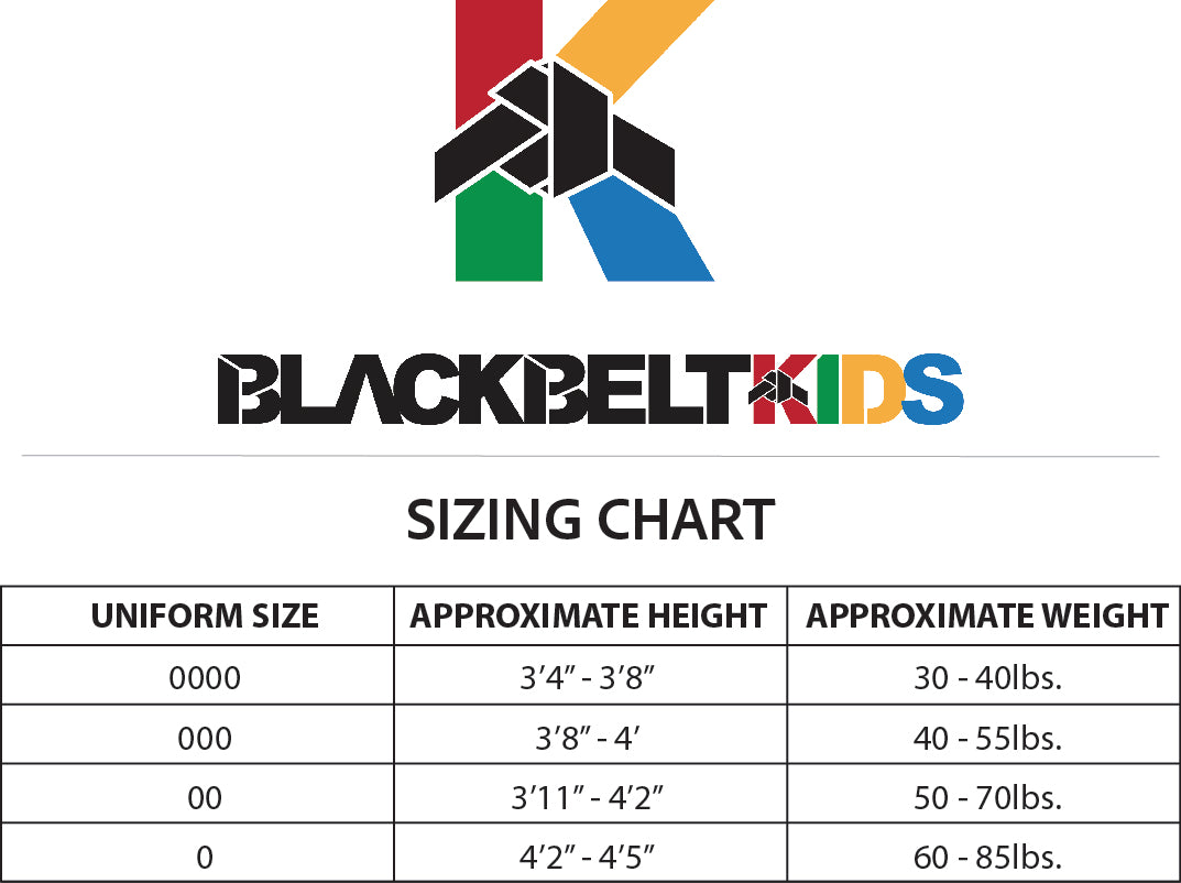 Blackbelt Kids sizing chart with colorful logo on a white background