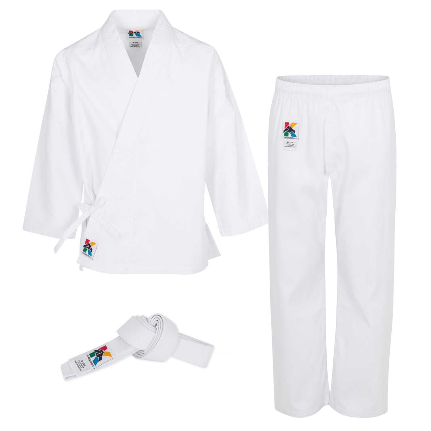 White martial arts uniform with belt on a white background