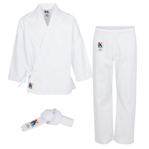 White martial arts uniform with belt on a white background